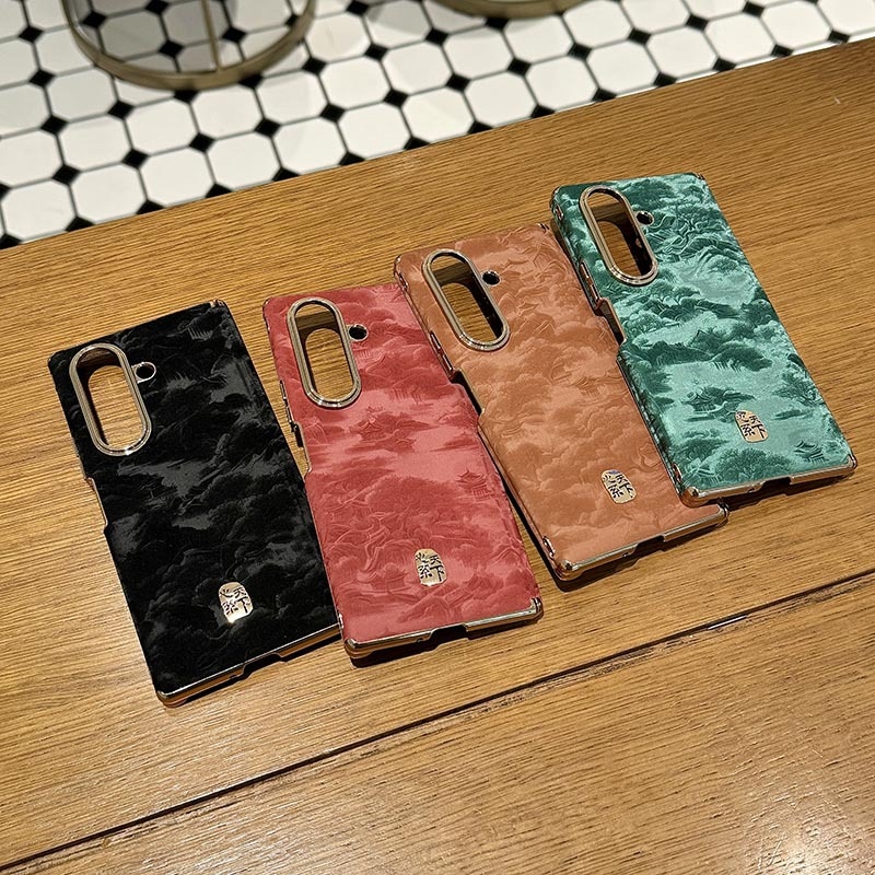 Carcasă Samsung Galaxy Z Fold7 cu suport cu axă dublă, model peisaj în stil chinezesc, husă protectoare din PU piele cu electroplacare (W26, W25/W24)