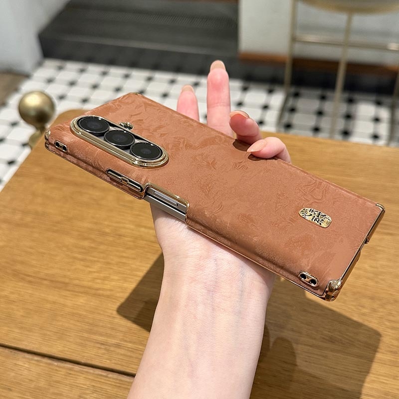 Carcasă Samsung Galaxy Z Fold7 cu suport cu axă dublă, model peisaj în stil chinezesc, husă protectoare din PU piele cu electroplacare (W26, W25/W24)