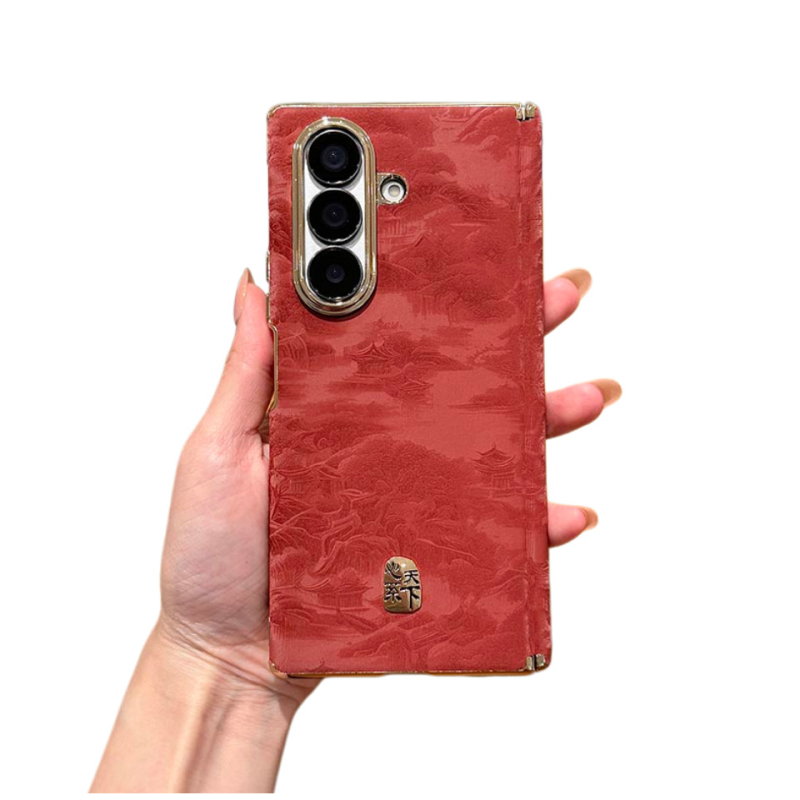 Carcasă Samsung Galaxy Z Fold7 cu suport cu axă dublă, model peisaj în stil chinezesc, husă protectoare din PU piele cu electroplacare (W26, W25/W24)
