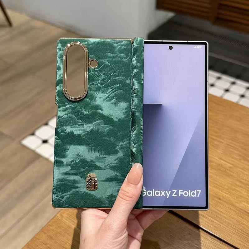 Carcasă Samsung Galaxy Z Fold7 cu suport cu axă dublă, model peisaj în stil chinezesc, husă protectoare din PU piele cu electroplacare (W26, W25/W24)