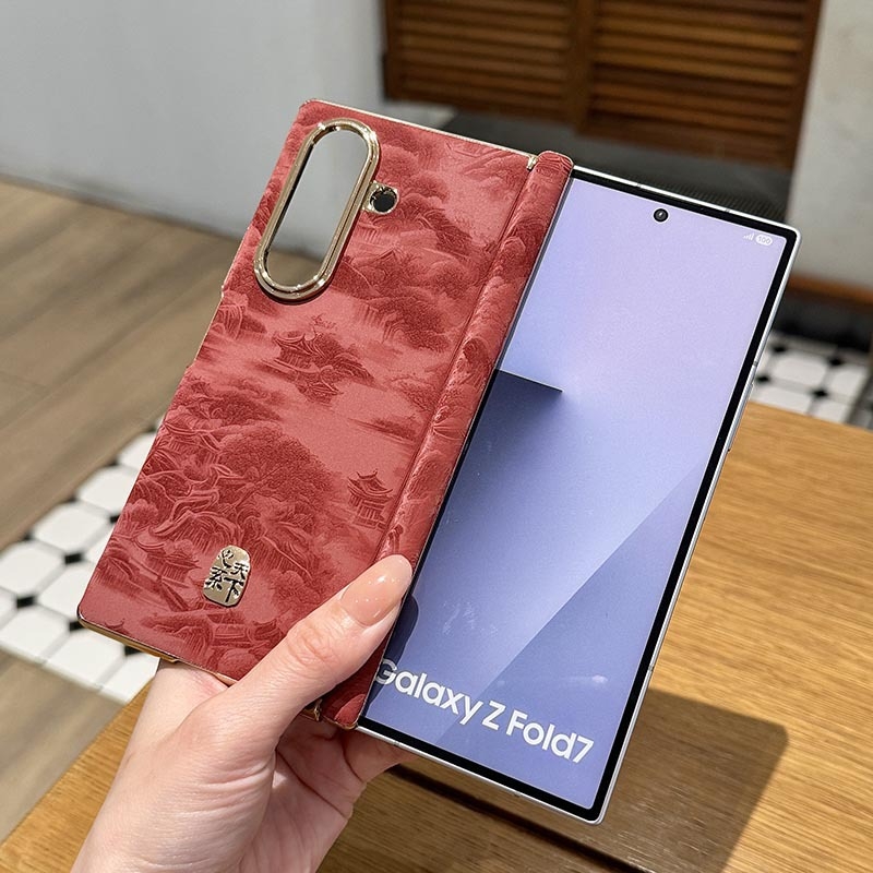 Carcasă Samsung Galaxy Z Fold7 cu suport cu axă dublă, model peisaj în stil chinezesc, husă protectoare din PU piele cu electroplacare (W26, W25/W24)