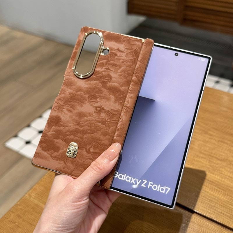 Carcasă Samsung Galaxy Z Fold7 cu suport cu axă dublă, model peisaj în stil chinezesc, husă protectoare din PU piele cu electroplacare (W26, W25/W24)