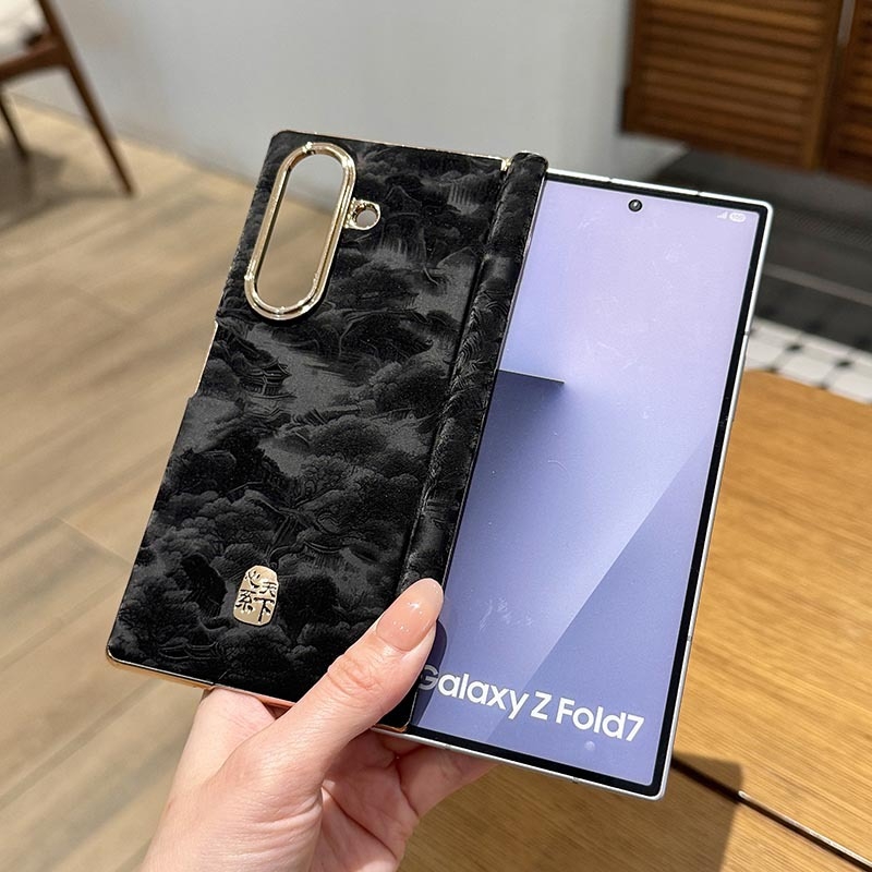 Carcasă Samsung Galaxy Z Fold7 cu suport cu axă dublă, model peisaj în stil chinezesc, husă protectoare din PU piele cu electroplacare (W26, W25/W24)