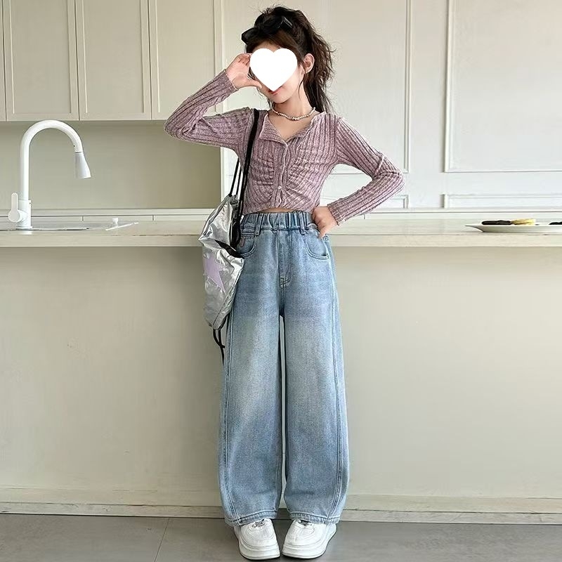 Pantaloni largi din denim pentru fete, stil primăvară-toamnă, casual și versatile