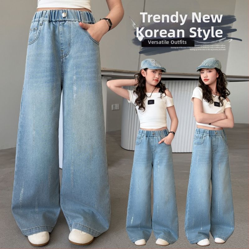 Pantaloni din denim pentru fete cu cristale, croială largă, vară, pentru fete de 9 ani