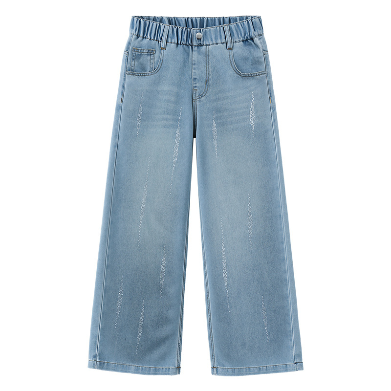 Pantaloni din denim pentru fete cu cristale, croială largă, vară, pentru fete de 9 ani