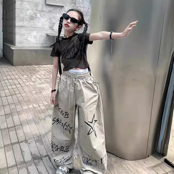 Pantaloni casual pentru fetițe, vară 2026, stil american street hip-hop graffiti, sportivi și versatili, pantaloni lungi