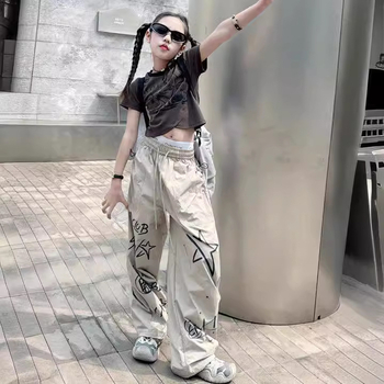 Pantaloni casual pentru fetițe, vară 2026, stil american street hip-hop graffiti, sportivi și versatili, pantaloni lungi