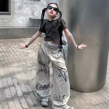 Pantaloni casual pentru fetițe, vară 2026, stil american street hip-hop graffiti, sportivi și versatili, pantaloni lungi