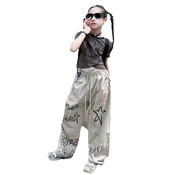 Pantaloni casual pentru fetițe, vară 2026, stil american street hip-hop graffiti, sportivi și versatili, pantaloni lungi