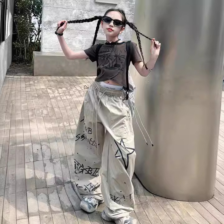 Pantaloni casual pentru fetițe, vară 2026, stil american street hip-hop graffiti, sportivi și versatili, pantaloni lungi