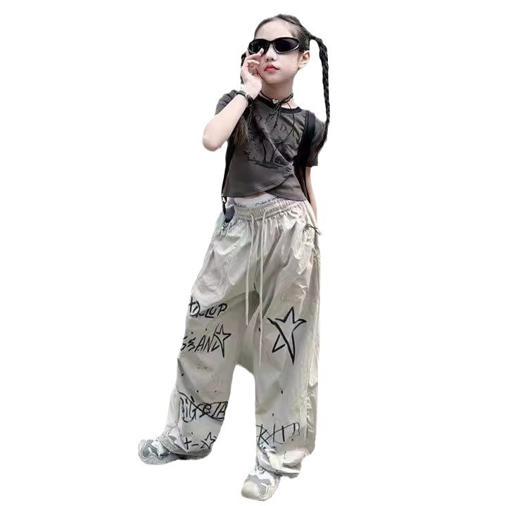 Pantaloni casual pentru fetițe, vară 2026, stil american street hip-hop graffiti, sportivi și versatili, pantaloni lungi