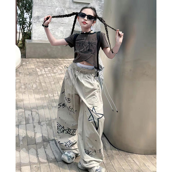 Pantaloni casual pentru fetițe, vară 2026, stil american street hip-hop graffiti, sportivi și versatili, pantaloni lungi