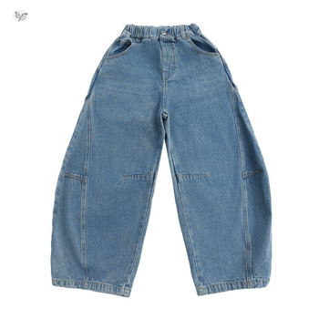 Blugi din denim pentru fetițe, 2025, primăvară-toamnă, croială curbată și wide-leg pentru preadolescente