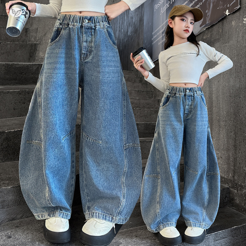 Blugi din denim pentru fetițe, 2025, primăvară-toamnă, croială curbată și wide-leg pentru preadolescente