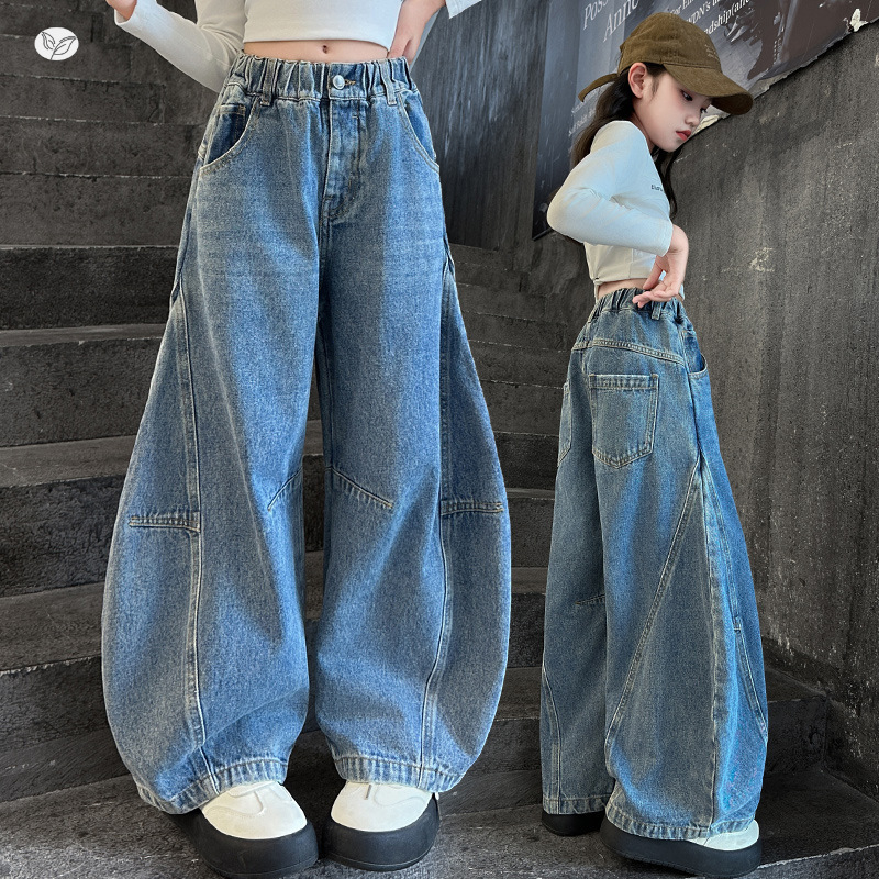 Blugi din denim pentru fetițe, 2025, primăvară-toamnă, croială curbată și wide-leg pentru preadolescente