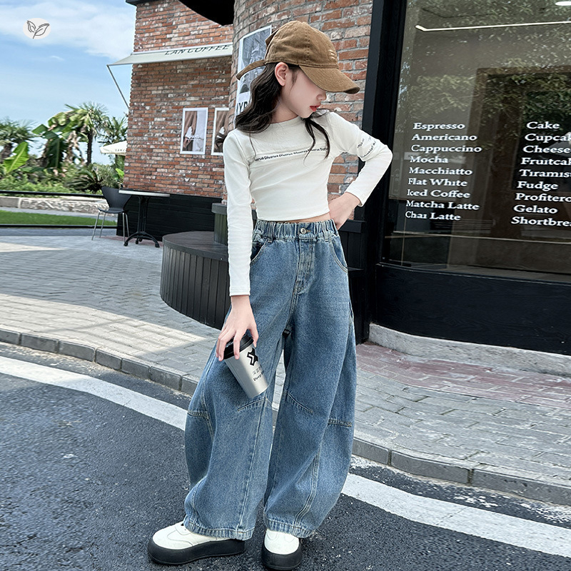 Blugi din denim pentru fetițe, 2025, primăvară-toamnă, croială curbată și wide-leg pentru preadolescente