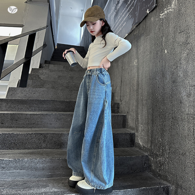 Blugi din denim pentru fetițe, 2025, primăvară-toamnă, croială curbată și wide-leg pentru preadolescente