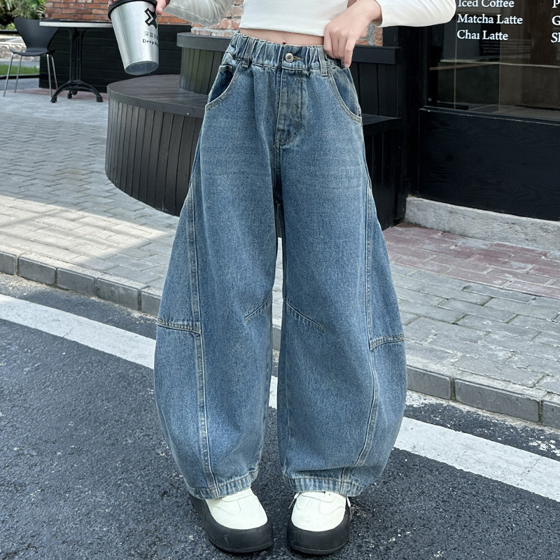 Blugi din denim pentru fetițe, 2025, primăvară-toamnă, croială curbată și wide-leg pentru preadolescente