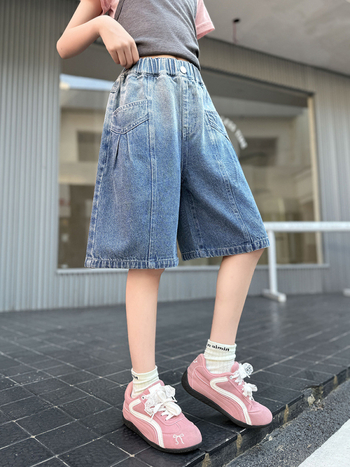 Jeans denim pentru fetițe, până la genunchi, gradient, croială lejeră, vară 2025, culoare solidă