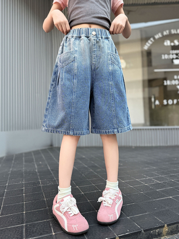 Jeans denim pentru fetițe, până la genunchi, gradient, croială lejeră, vară 2025, culoare solidă