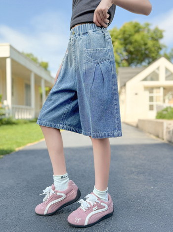 Jeans denim pentru fetițe, până la genunchi, gradient, croială lejeră, vară 2025, culoare solidă