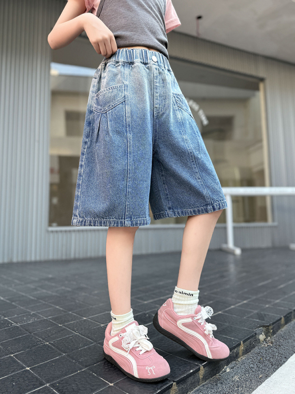 Jeans denim pentru fetițe, până la genunchi, gradient, croială lejeră, vară 2025, culoare solidă