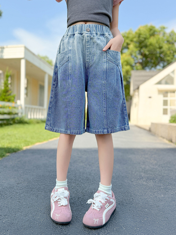 Jeans denim pentru fetițe, până la genunchi, gradient, croială lejeră, vară 2025, culoare solidă