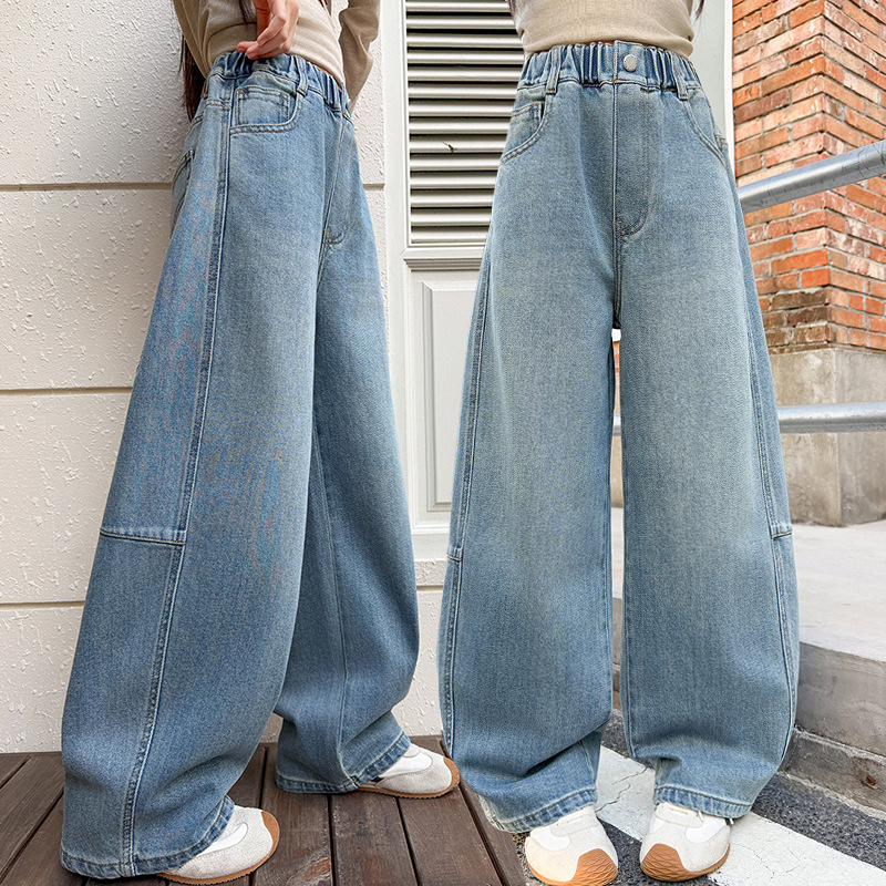 Jeansi din denim pentru fete, primăvară-toamnă 2026 – croială lejeră, pantaloni cu picioare largi