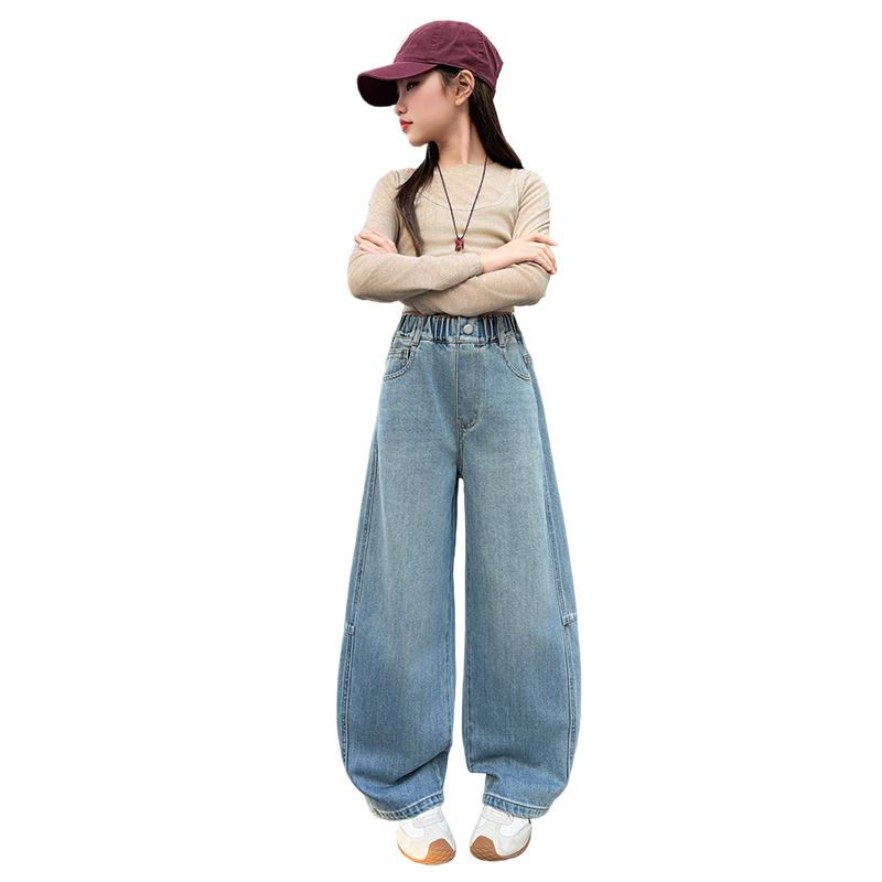 Jeansi din denim pentru fete, primăvară-toamnă 2026 – croială lejeră, pantaloni cu picioare largi