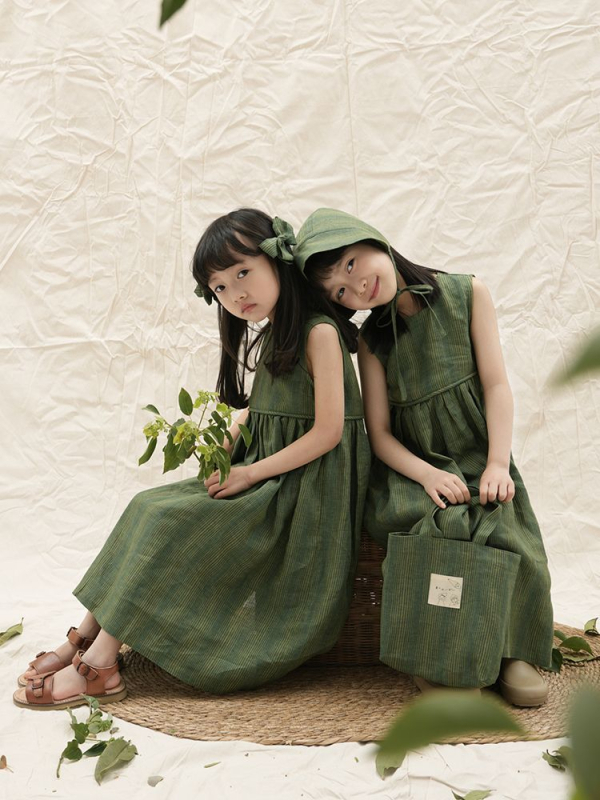 Rochie de vară pentru fete, din bumbac verde, cu dungi, fără mâneci, stil pastoral