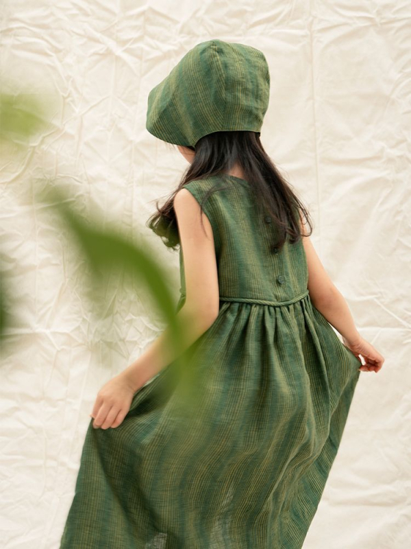 Rochie de vară pentru fete, din bumbac verde, cu dungi, fără mâneci, stil pastoral
