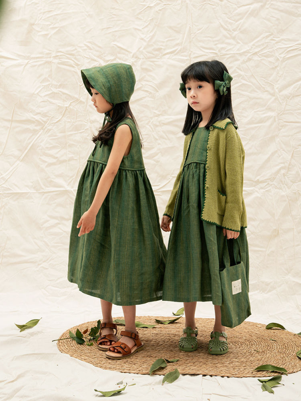 Rochie de vară pentru fete, din bumbac verde, cu dungi, fără mâneci, stil pastoral
