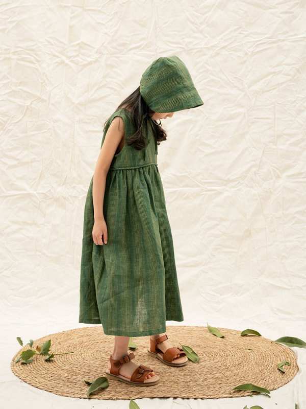 Rochie de vară pentru fete, din bumbac verde, cu dungi, fără mâneci, stil pastoral