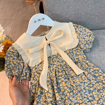 Rochie de vară pentru fete cu imprimeu floral, stil prințesă, croială A, mâneci scurte, chiffon, poliester, 3–8 ani