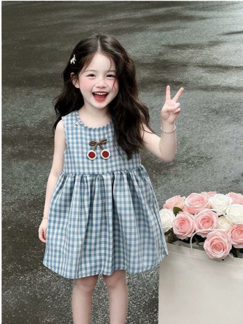 Rochie de vară pentru fete, 2026, carouri alb-albastru, detalii 3D, casual și elegant