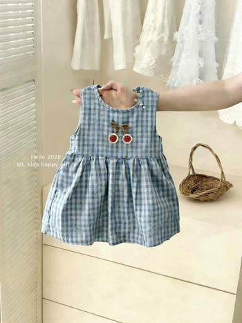 Rochie de vară pentru fete, 2026, carouri alb-albastru, detalii 3D, casual și elegant