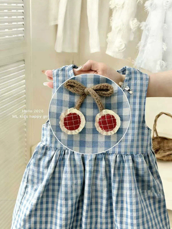 Rochie de vară pentru fete, 2026, carouri alb-albastru, detalii 3D, casual și elegant
