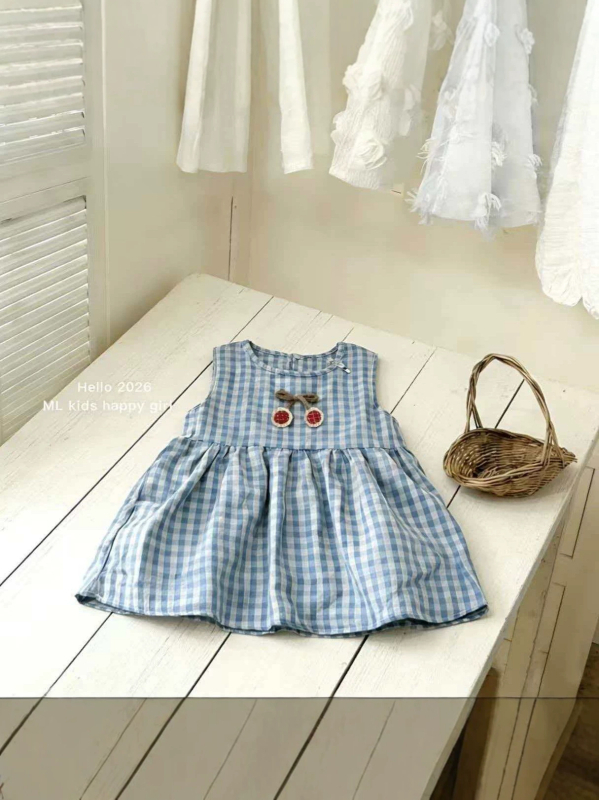 Rochie de vară pentru fete, 2026, carouri alb-albastru, detalii 3D, casual și elegant