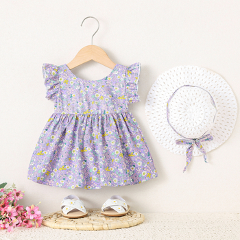 Rochie de vară pentru fetițe, bumbac floral, cu pălărie