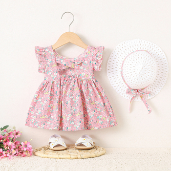 Rochie de vară pentru fetițe, bumbac floral, cu pălărie