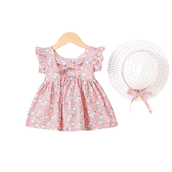 Rochie de vară pentru fetițe, bumbac floral, cu pălărie