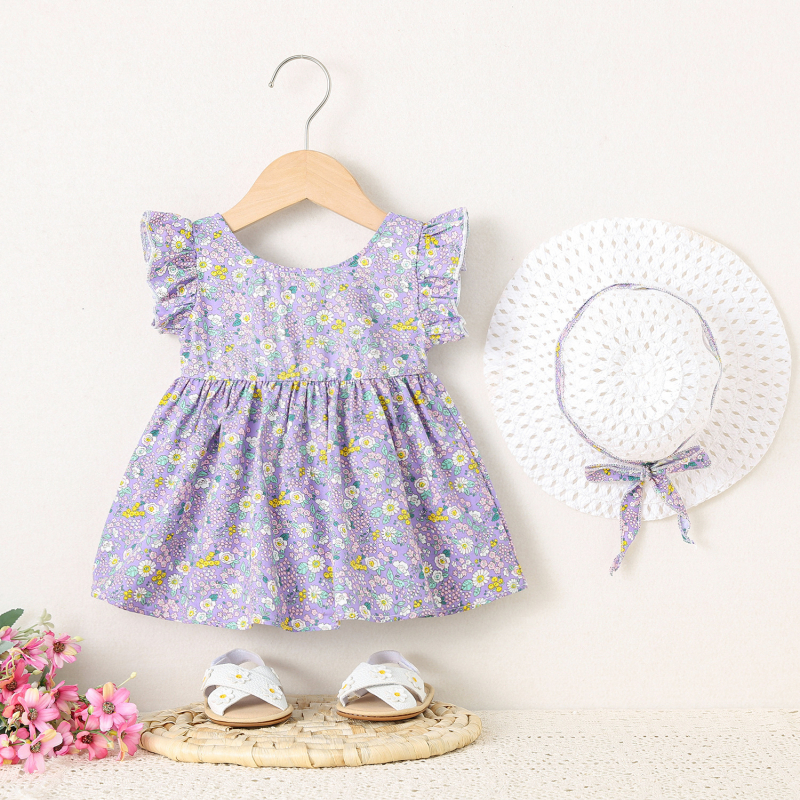 Rochie de vară pentru fetițe, bumbac floral, cu pălărie