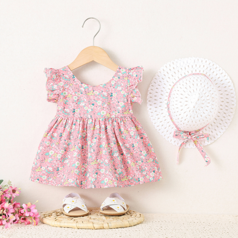 Rochie de vară pentru fetițe, bumbac floral, cu pălărie