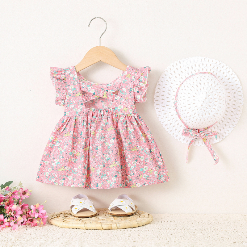Rochie de vară pentru fetițe, bumbac floral, cu pălărie
