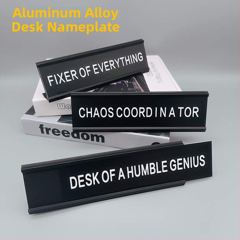 Semn de birou din aliaj de aluminiu, în formă de L, suport retractabil pentru etichetă de masă