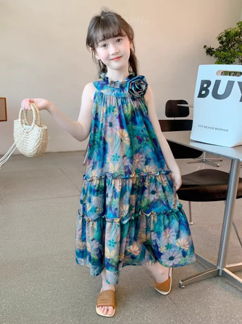 Rochie pentru fetițe fără mâneci, guler halter, stil prințesă, vară, 3-8 ani