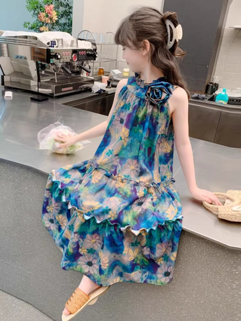 Rochie pentru fetițe fără mâneci, guler halter, stil prințesă, vară, 3-8 ani