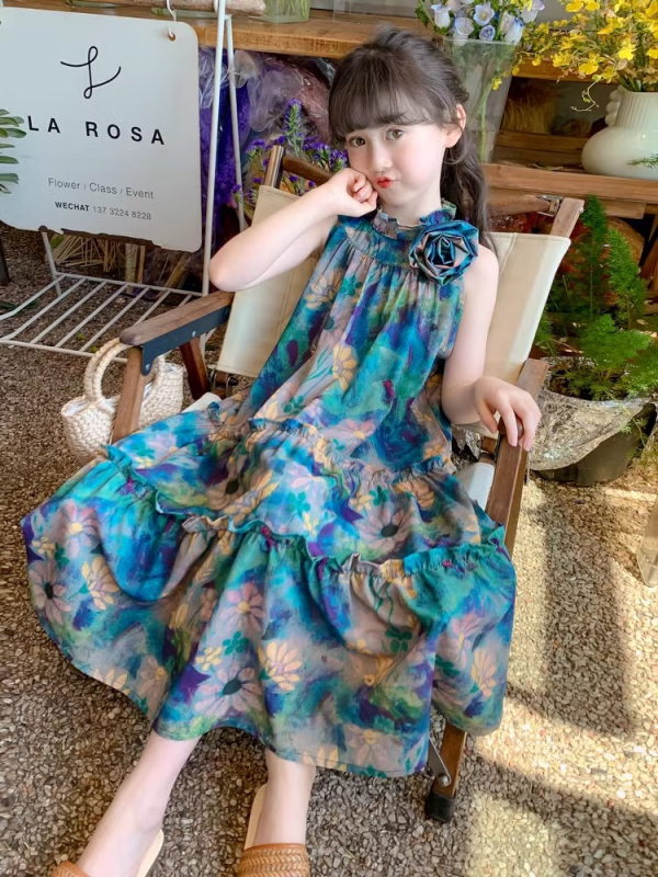 Rochie pentru fetițe fără mâneci, guler halter, stil prințesă, vară, 3-8 ani