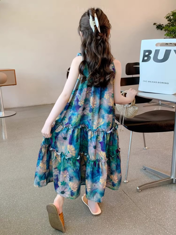 Rochie pentru fetițe fără mâneci, guler halter, stil prințesă, vară, 3-8 ani